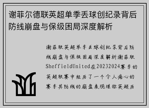 谢菲尔德联英超单季丢球创纪录背后防线崩盘与保级困局深度解析